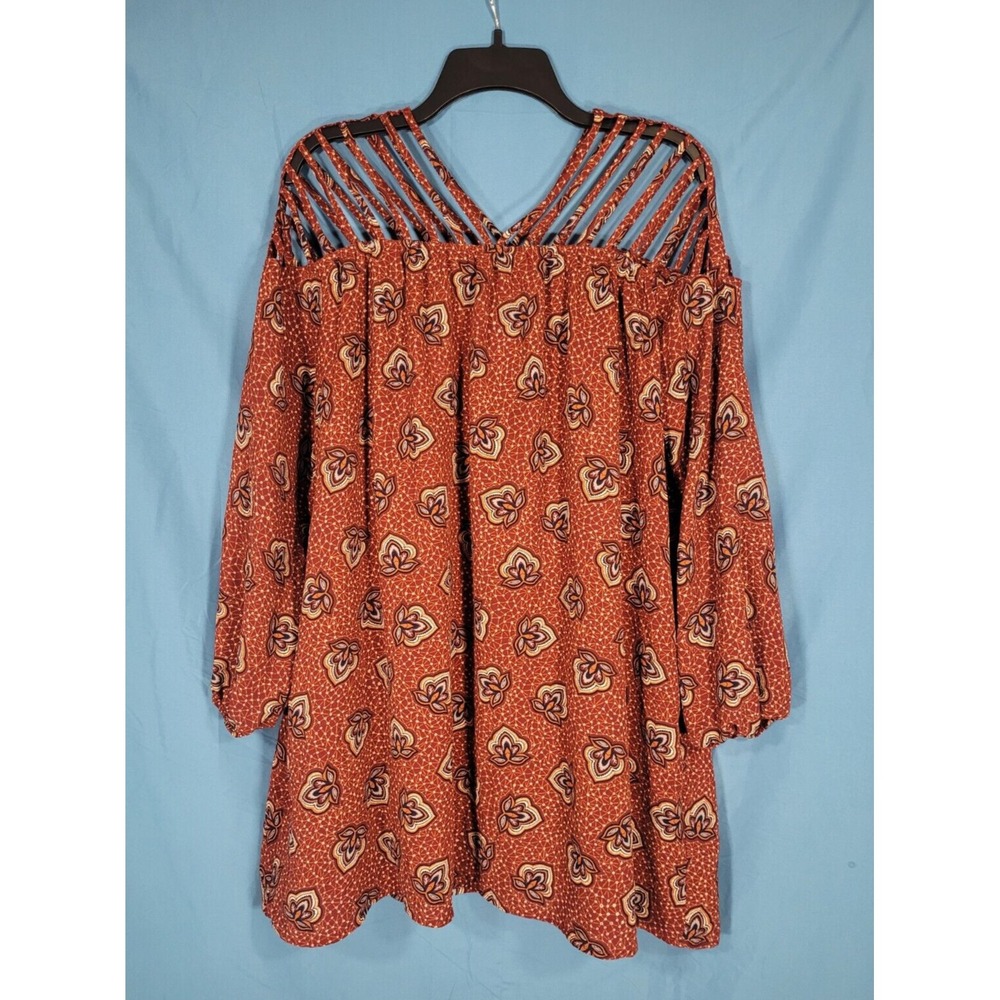 ENTRO Women's RUST Boho Print LINED CREPE Cage Shoulder PULLOVER A-Line Dress M